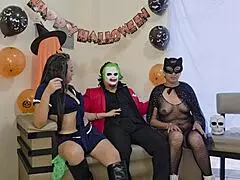 homemade halloween threesome features stepmother stepdaughter and stepson in wild action