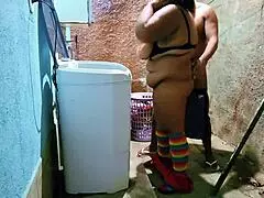 in the backyard, the stepfather passionately fucks his stepdaughter and cums twice in her mouth