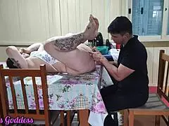 Hot milf housewife licks hairy pussy on the dining table!