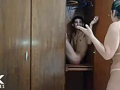 Stepson hides in closet to spy on hot stepmother.