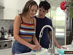 Naughty boyfriend started sucking my tits while i was washing dishes when his stepmom caught us but the slut just wants some fun in the end we ended up having threesome sex in the living room