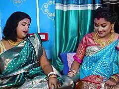Two Desi Mallu Bhabhis Threesome with Servant at Home