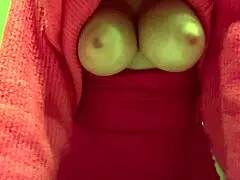 artemisia love plays with her wet pussy and bounces big natural boobs in fishnets