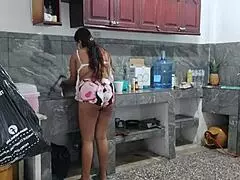 Hey maid with those big natural tits wanna masturbate deliciously while cooking dinner in kitchen?