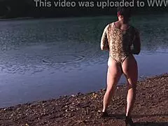 oh god, my curvy mommy milf body in thong bodysuit flashes big ass at the lake