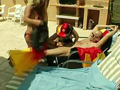 yo check this german milf gangbang outdoor three blondes take turns on one cock