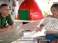 horny monique fuentes trades blowjob on young waiter's cock for hotel drink