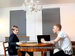 Short-haired teacher sucks stud cock missionary poses