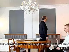 Short-haired teacher sucks stud cock missionary poses