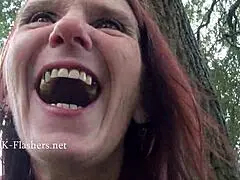 Skinny tattooed granny flashes nude body outdoors publicly