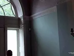 blonde babe's pussy drips happiest during bent-over threesome double creampie on sofa