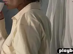 sexy milf model sips morning coffee stripping to reveal cute small perky tits