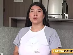 Big tits latina milf bares natural boobs in interview before getting pussy drilled sideways rough in homemade casting