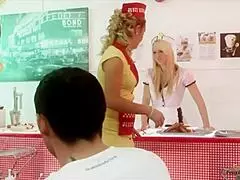 Restaurant food fight escalates to blonde milf group riding orgy