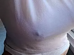 Stepmom in see-through blouse masturbates solo exposing huge tits