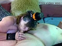 Grab those granny stockings for a fat bbw cougar's moaning halloween blowjob