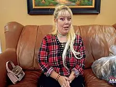 Busty blonde Nikki J masturbates then sucks dick for banging session