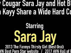 sara jay and nina kayy take turns deepthroating and sharing a massive cock in steamy brunette blonde threesome