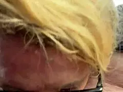 Pretty glasses hooker kneels outdoor for deep sensual blowjob swallowing every cum drop 👓💦