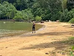 Skinny wife gives beach handjob ends in close-up outdoor cumshot