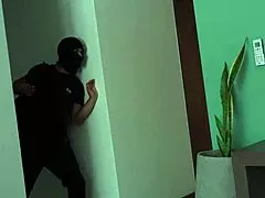 Big-assed brunette surprised by house stranger