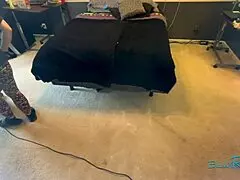 housewife brunette with natural tits vacuums bedroom in stockings before bending over for deep penetration