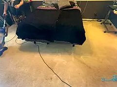 housewife brunette with natural tits vacuums bedroom in stockings before bending over for deep penetration