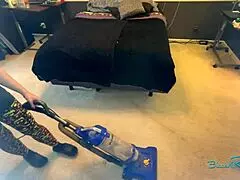 housewife brunette with natural tits vacuums bedroom in stockings before bending over for deep penetration