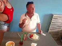 oh man i swear this naked curvy brunette waitress maid lets restaurant guest eat from her navel submissive domination girl next door