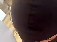 red lipstick milf gives sloppy blowjob then takes hardcore doggy in fishnets