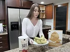 I tease my stepson with my big tits bra and panties in kitchen