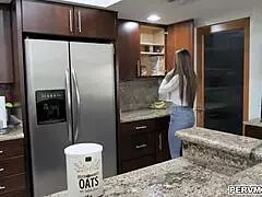 I tease my stepson with my big tits bra and panties in kitchen