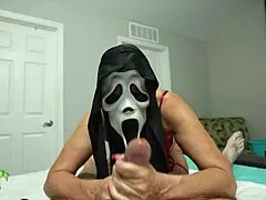 ghostface milf in lingerie strokes monster cock with sloppy halloween handjob part 1