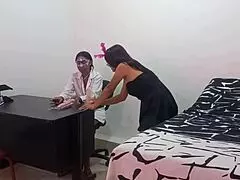 lesbian doctor sneaks brunette bestie into office for dildo masturbation flashing fun