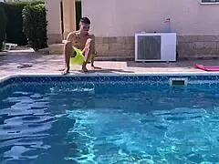skinny blonde neighbor mom bent doggy in pool, tight pussy takes big cock hard