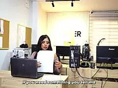 Big-assed brunette secretary shakes ass for boss's son advantage in office