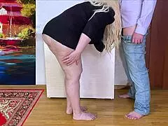 stepmom bends over in miniskirt revealing big ass and stepson pounds her tight anal hole