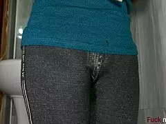 Best friend's wife caught stroking pussy gets monster cock bathroom creampie