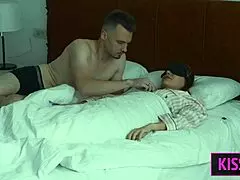 blindfolded stepmom gets accidental creampie from stepson as husband showers next door