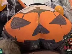 Brazilian milf carves BBC jack o'lantern Halloween ass fuck gaping toys