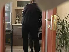 Wife calls neighbor to fix kettle then he fucks her doggystyle on bed cumshot orgasm stockings natural tits