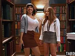Busty Latina Milf Librarian Puck Lures Babe for Pussy Licking Lesbian Action