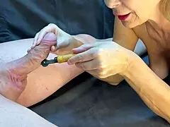 Domina grabs that huge cock stroking hard till massive cum spurts cover everything nearby