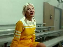 Petite Blonde Cheerleader Begs For Cock After Ripping Clothes On Court?