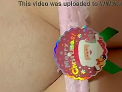 Unwrap this shaved virgin pussy for christmas cunilingus and first time licking close up!