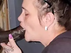 Stepmom's pink glitter nails grip cock for sloppy gumjob and huge facial cumshot