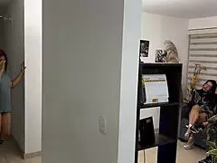 My stepsister's boyfriend fucks my big latina ass in kitchen while she masturbates cum in mouth