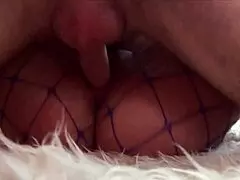 Blonde teen Roxana 18 plus ripped fishnets for deep anal fingering and doggystyle pounding on bed