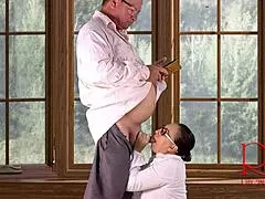 Regina noir slurps boss dick by office window cum blasts her face!