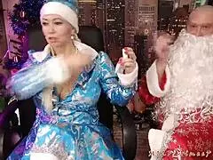 close-up pov of mature russian wife santa cosplay riding cock cowgirl, ends with thick facial cumshot from hubby